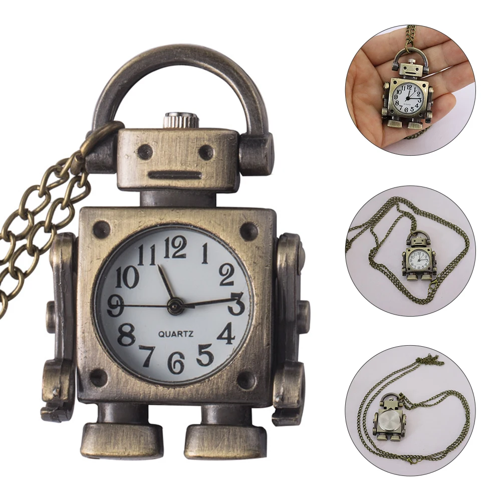 Retro Robot Zegarek Kieszonkowy Naszyjnik Vintage Metalowy Design Długi Łańcuszek Zegarki Męskie Przenośny Lekki Pomysł na Prezent Zegarek Kieszonkowy