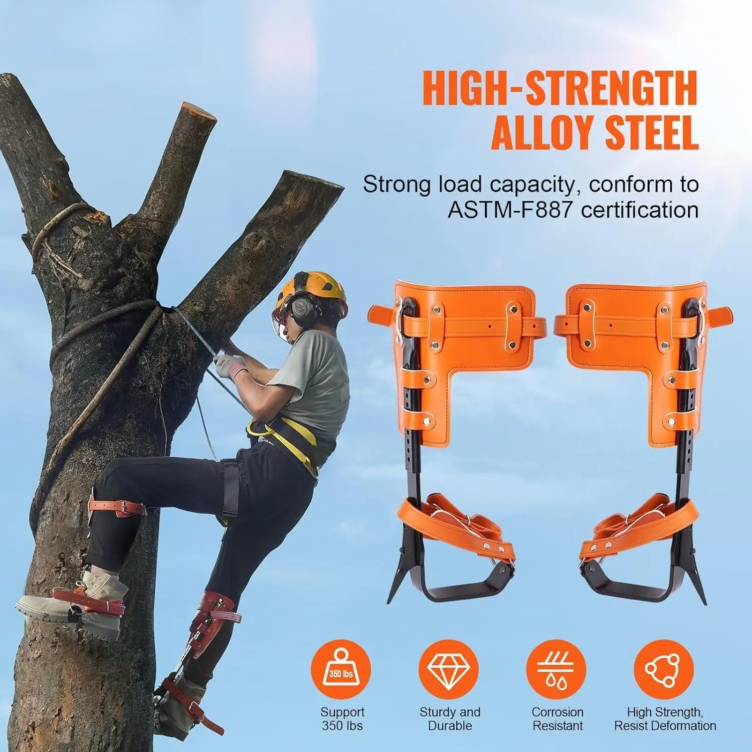 Boomklimspikes Set, 1 paar lichtmetalen klimspoor met veiligheidstouw en veiligheidsharnas, boomklimmen van 350 lbs laadvermogen
