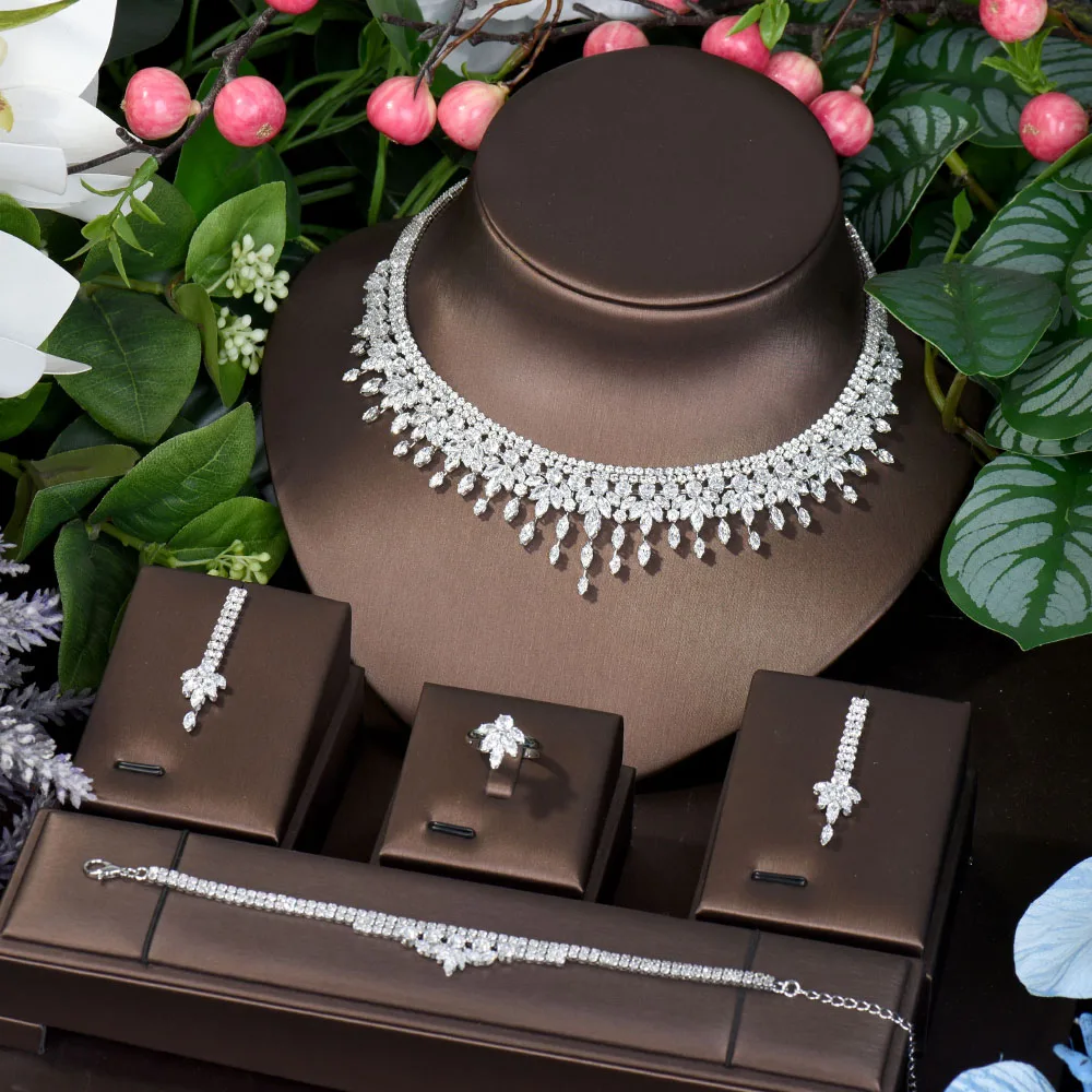 

HIBRIDE Luxury CZ Pave Leaf Flower Party Necklace And Earrings Set For Women Wedding Fashion Jewelry Sets bijoux femme N-93