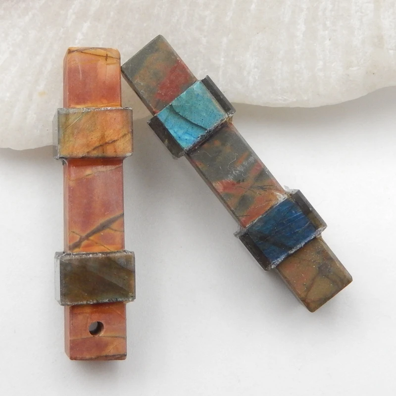 Natural Gemstone,Labradorite，Multi-Color Picasso Jasper  Intarsia fashion woman Earrings Beads 32x8mm7.7g