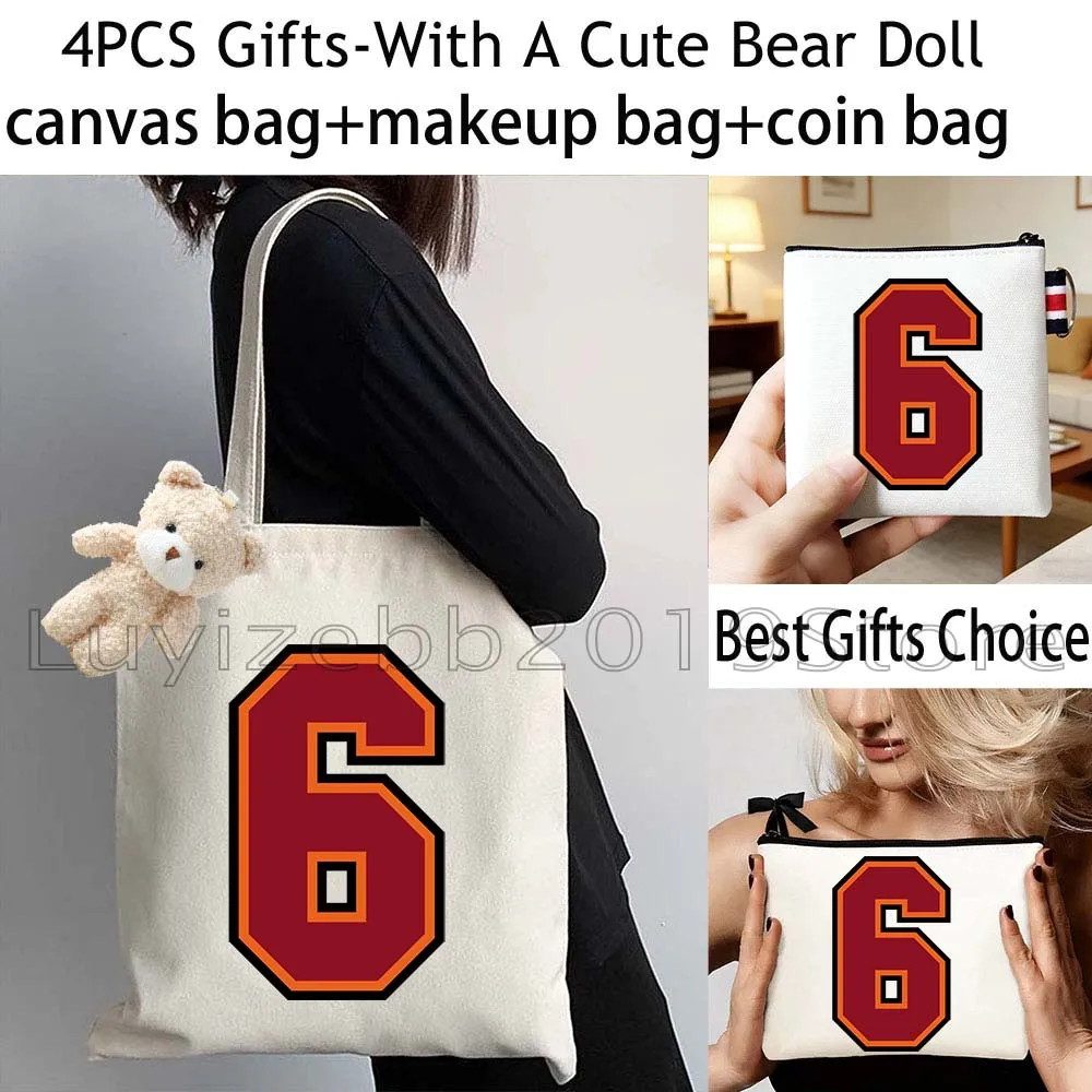 4PCS Cute Sports Lucky Jersey Numbers Gifts Canvas Tote Bag Cotton Handbag,Cosmetic Makeup Bag,Coin Purse Wallet Zipper Pouch