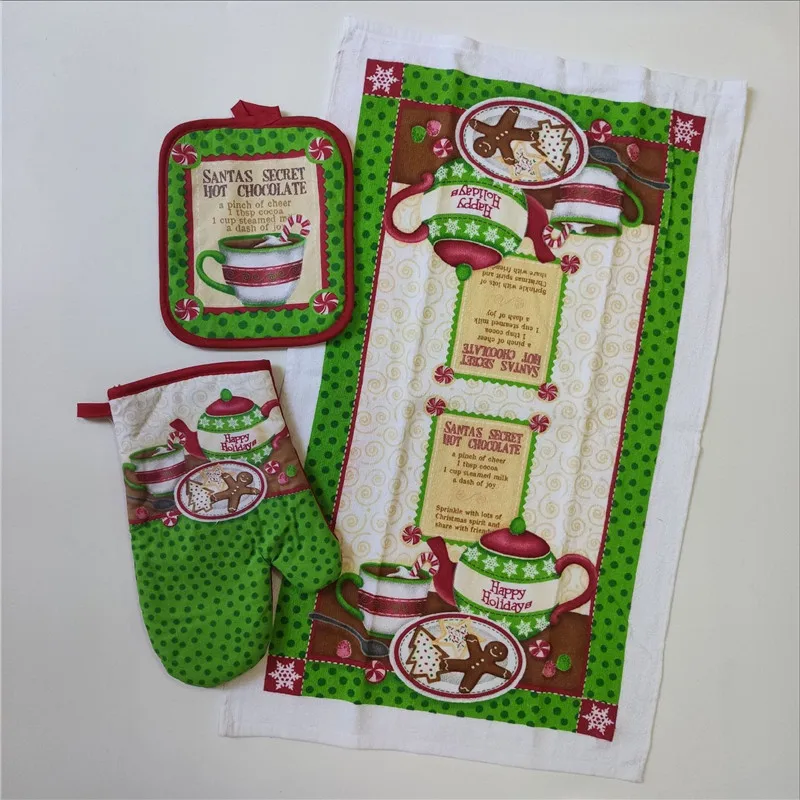3-teiliges Set Baumwolle Vintage Weihnachtsserie Bedruckte Mikrowellenhandschuhe Küchen-Isolierunterlage Geschirrtuch Weihnachtsparty-Geschenk – Detail 11