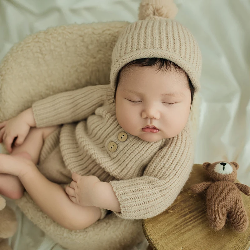 Roupa Fotográfica Recém-nascida De Malha, Chapéu De Bola, Boneca De Coelho, Decoração De Tiro De Abóbora, Adereços De Mesa Redonda, Roupas De Bebê Menino E Menina, Conjunto De Macacão