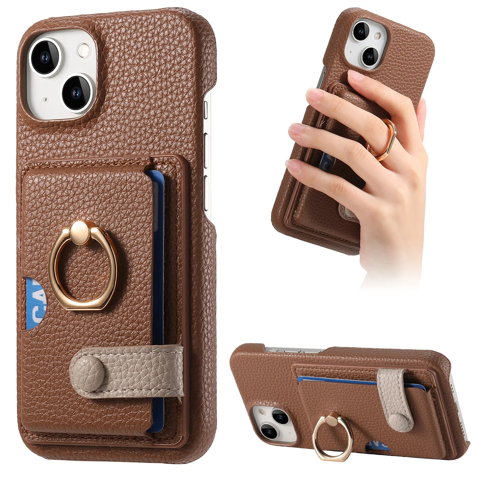 Leather Ring Support Phone Case for IPhone 17 Air 16E 18 16 15 14 13 12 11 Pro Max Plus Wallet with Card Holder Shockproof Cover