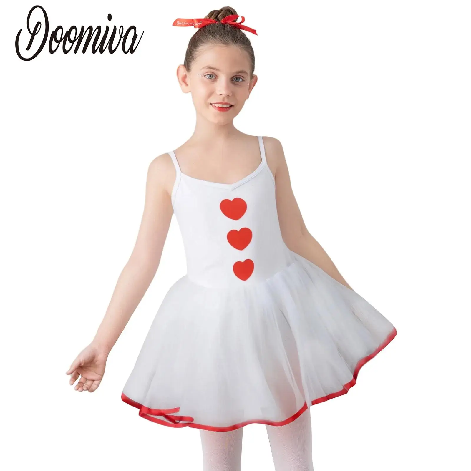 

Kids Girls Spaghetti Strap Tutu Dress Leotards Ballet Heart Print Built-In Briefs Mesh Puffy Dress for Party Halloween Costumes