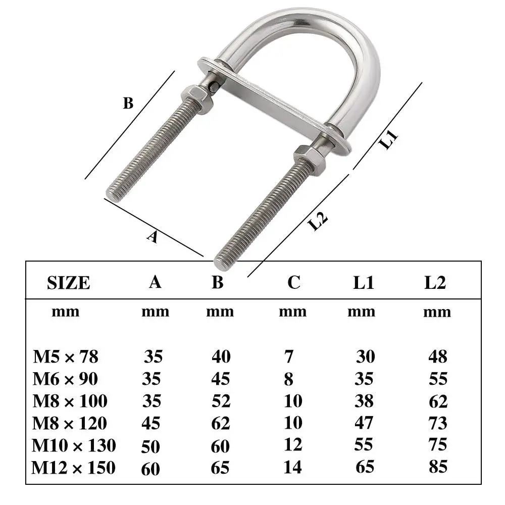 Metal U-bolt Yacht accessories 304 Stainless Steel Boat Hardware U-bolt Screw Pads Screw with Nut Bow Stern Eye Rope Rigging