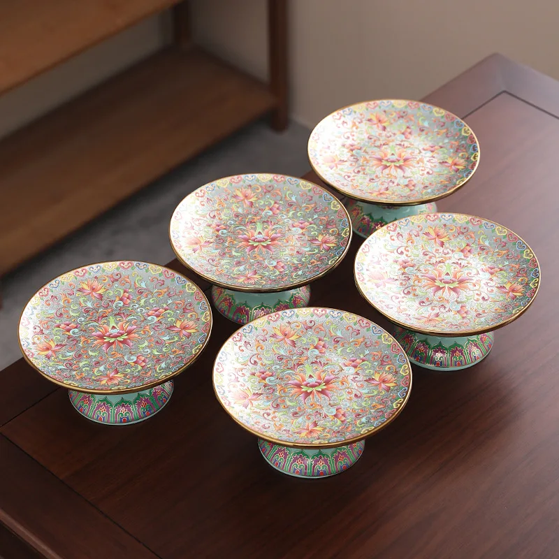YFY  enamel color chinoiserie fruit plate tall ceramic snacks tea tray for home offering plate