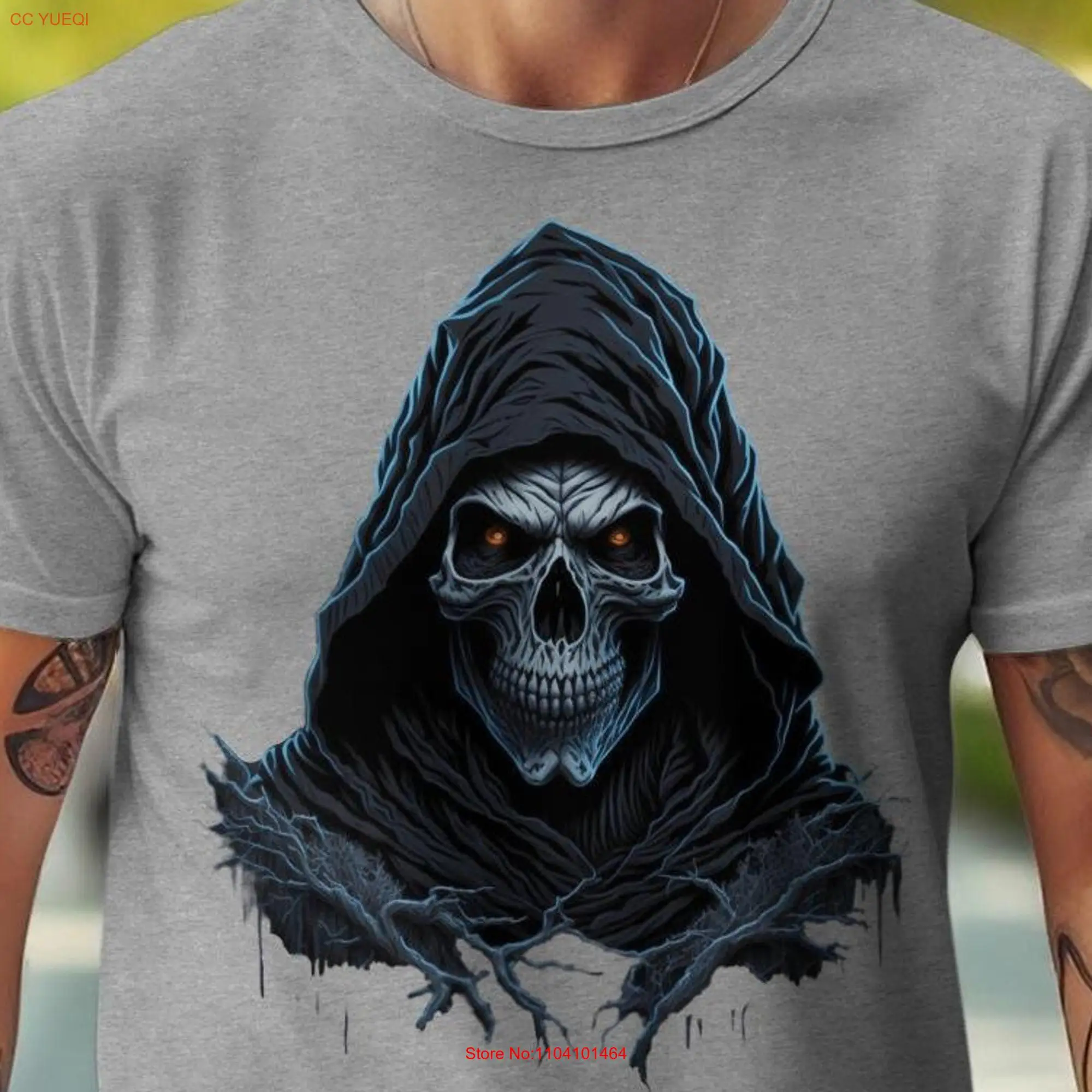 Grim Reaper T Shirt Death Medieval Dark ArT Occult Witchcraft Skeleton With Glowing Eyes long or short sleeves