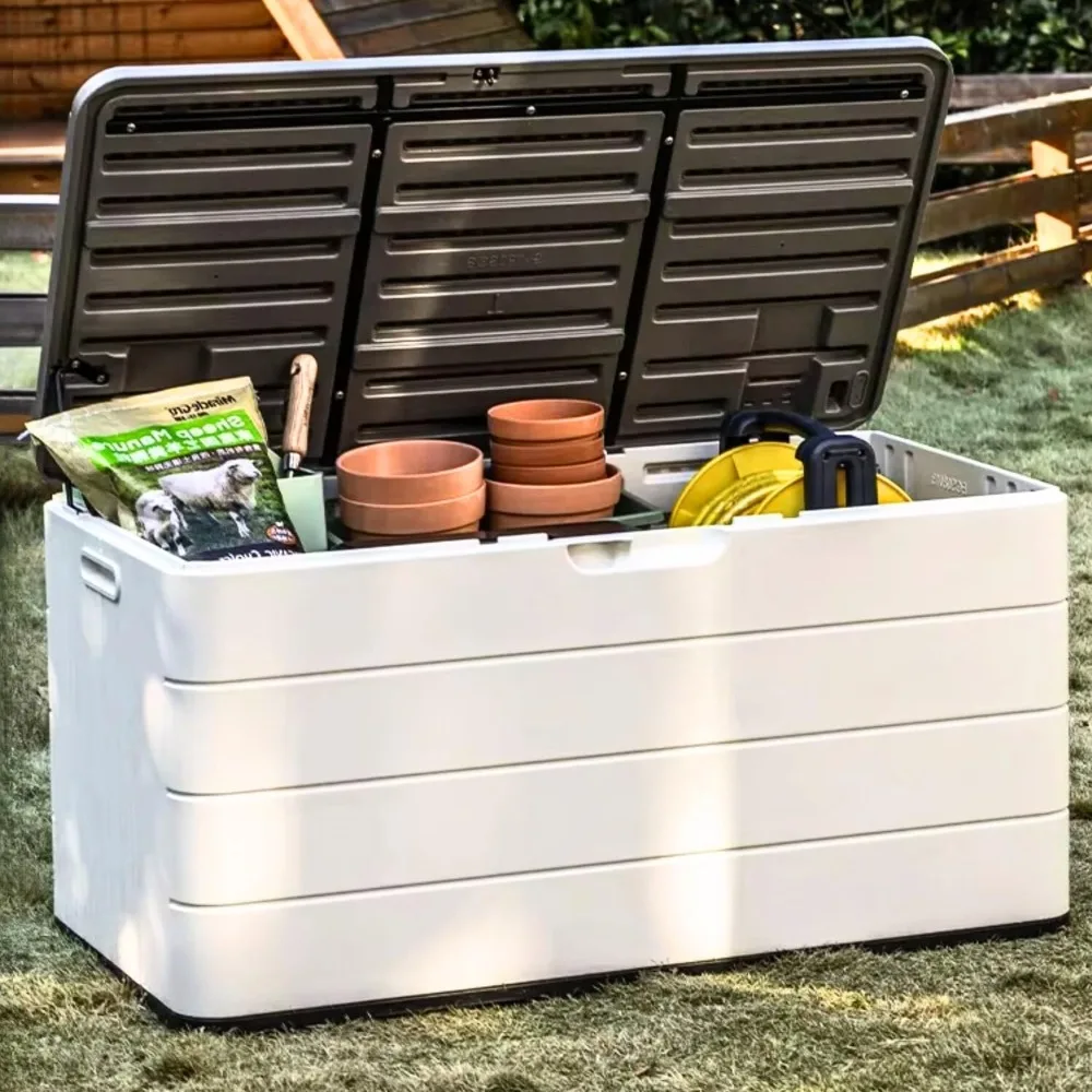 

110 gallon lockable resin deck box, waterproof outdoor storage box, terrace mat storage cabinet and tool storage, white