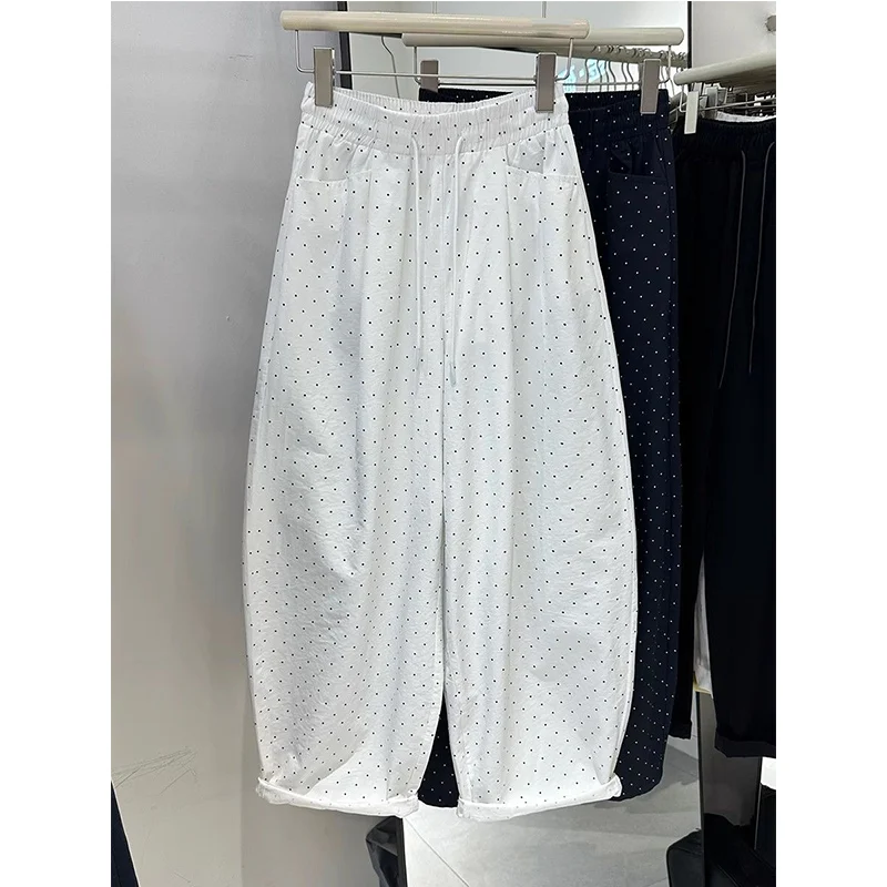 Pantalones de pierna ancha de lunares de gran tamaño para mujer Primavera Verano pantalones finos de cintura alta con cordón Casual rectos pantalones de cintura elástica para mujer