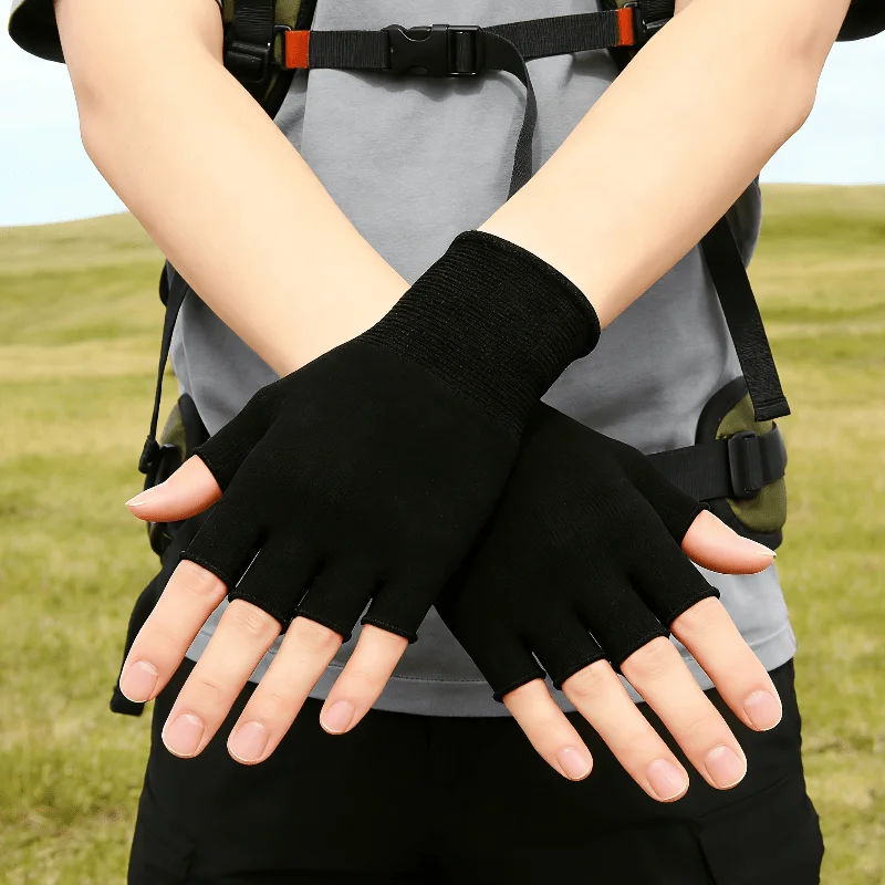 Black Knit Half Finger Gloves, Breathable Stretch Fingerless Gloves for Outdoor Hiking Cycling Daily Work