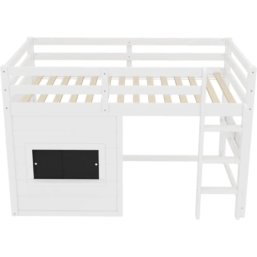 سرير علوي مزدوج أبيض مع مساحة تخزين، سبورة، ودرابزين للأطفال - نمط بيت اللعب
