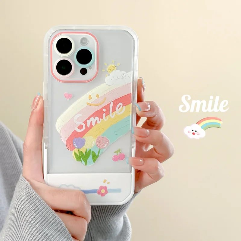 Cartoon invisible stand phone case for iphone 11 12 13 14 Pro Max PLUS X XS XR 6 7 8 TPU shockproof rainbow phone case