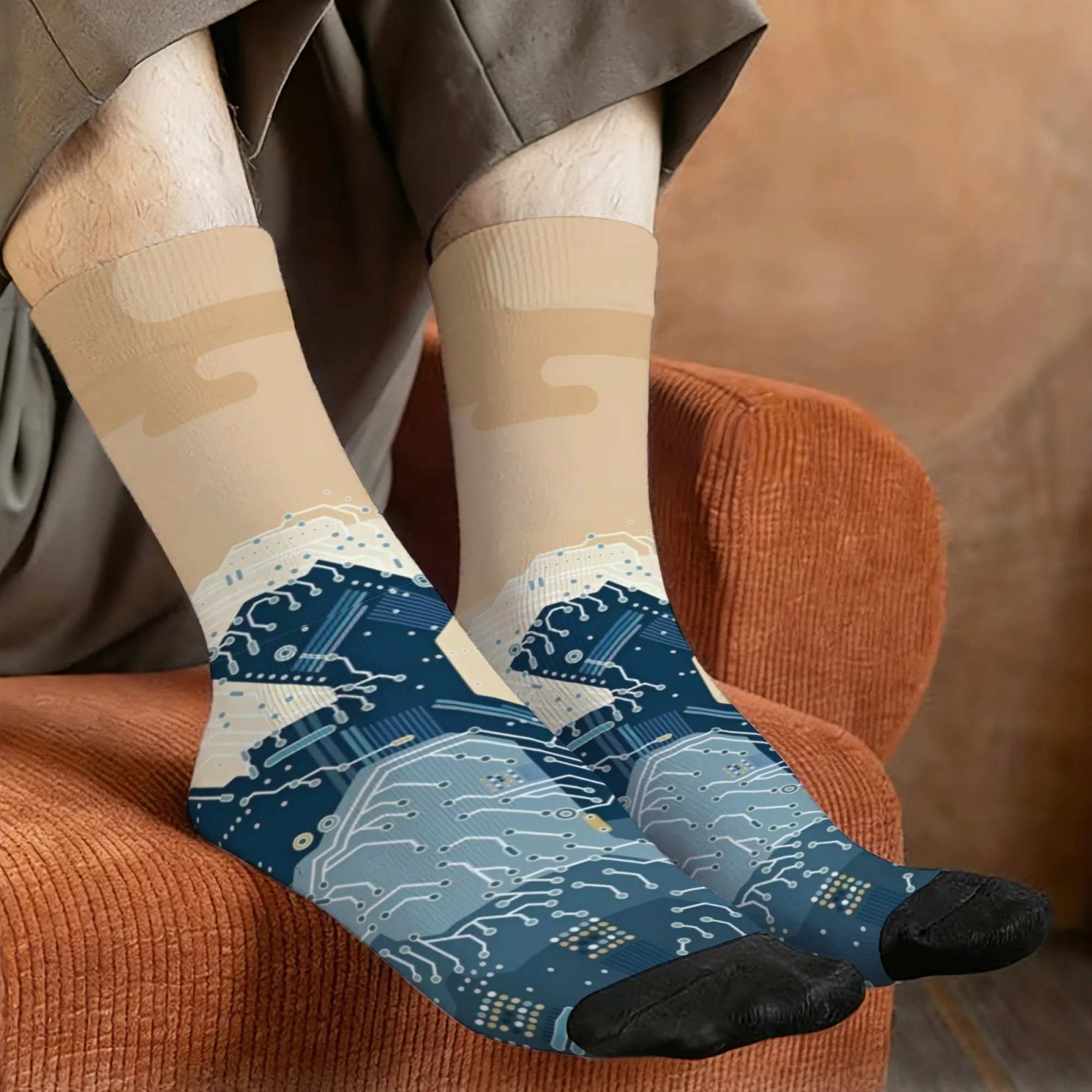 Ocean Wave Circuit Board Socks Non slip Stretchy Breathable Men's Socks Travel Running Streetwear Retro Style Compression Socks