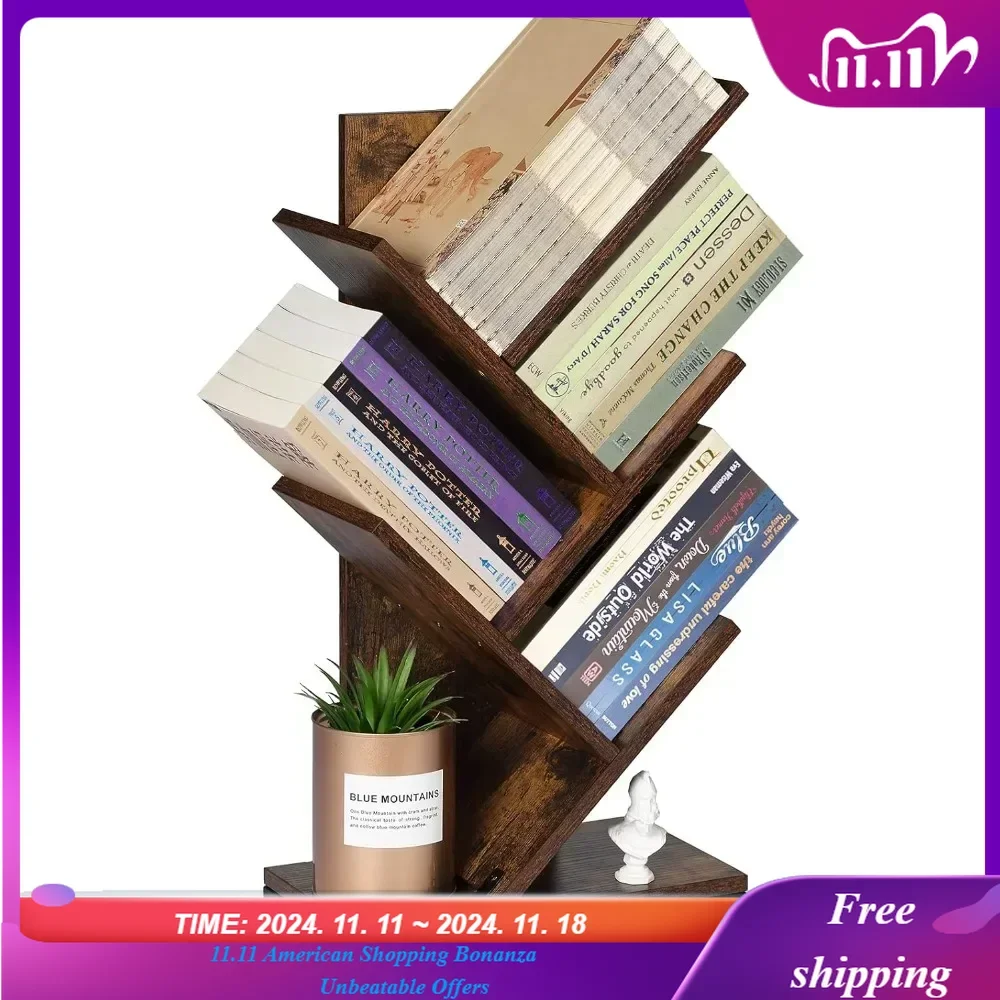 

4-Shelf Tree Bookshelf, 24.1-Inch Retro Floor Standing Bookcase Display for CDs/Magazine/Books, Small ,Brown Storage Shelves