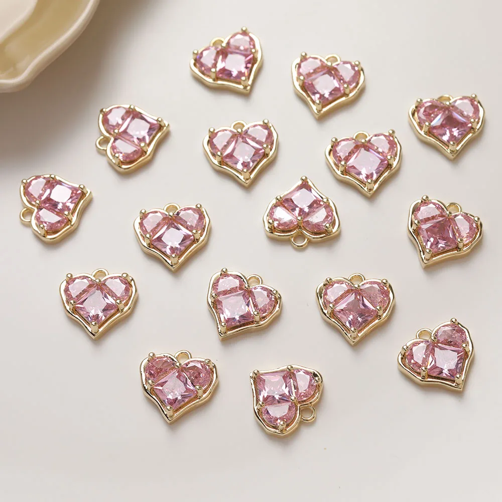 2PCS Sweet Pink Zircon Love Heart Pendant 14K Gold Plated Jewelry Making Supplies For Necklace Accessories