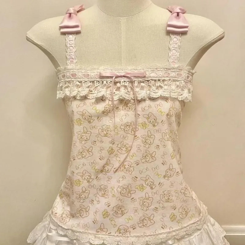 

Women's Sexy Halter Vest French Vintage Lace Stitching Tops Retro Hottie Bow Tanks Top Female Kawaii Cartoon Printed Camisole