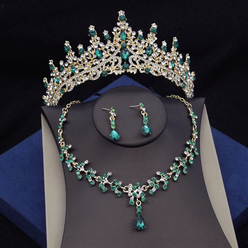 

Luxury Green Crystal Bridal Jewelry Sets for Women Tiaras Earrings Necklace Crown Wedding Dress Bride Jewelry Set Accessories