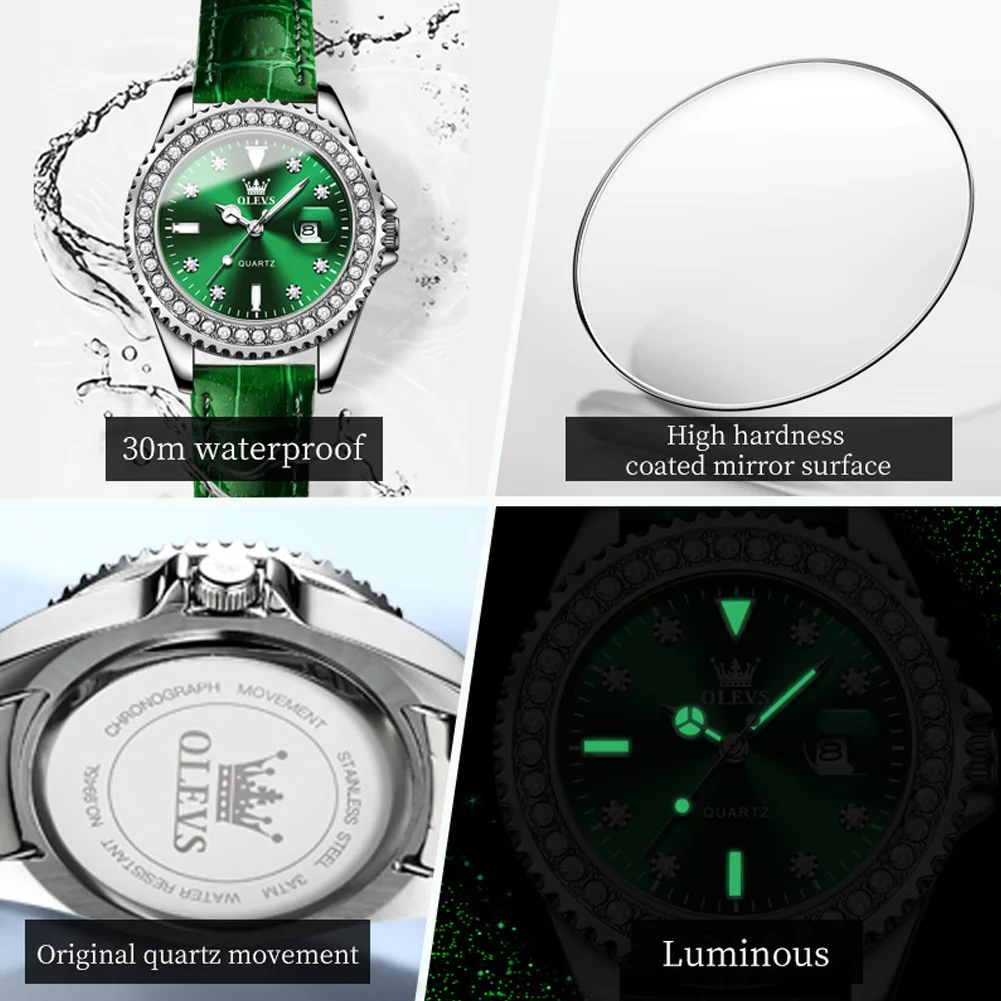 OLEVS Brand New Fashion Green Quartz Watch for Women Leather Waterproof Calendar Luxury Diamond Watches Womens Relogio Feminino