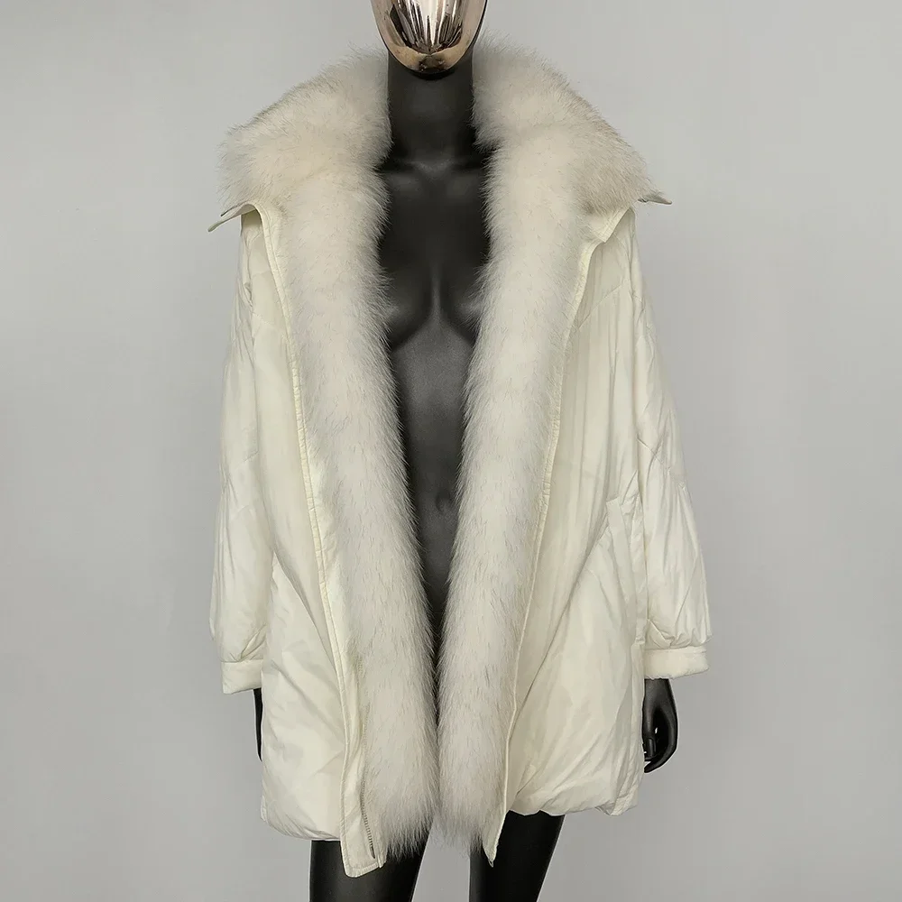 Piumino da donna in vera pelliccia di volpe naturale nuovo piumino invernale in piuma d'oca bianca spessa parka medio-lungo piumino caldo allentato femminile