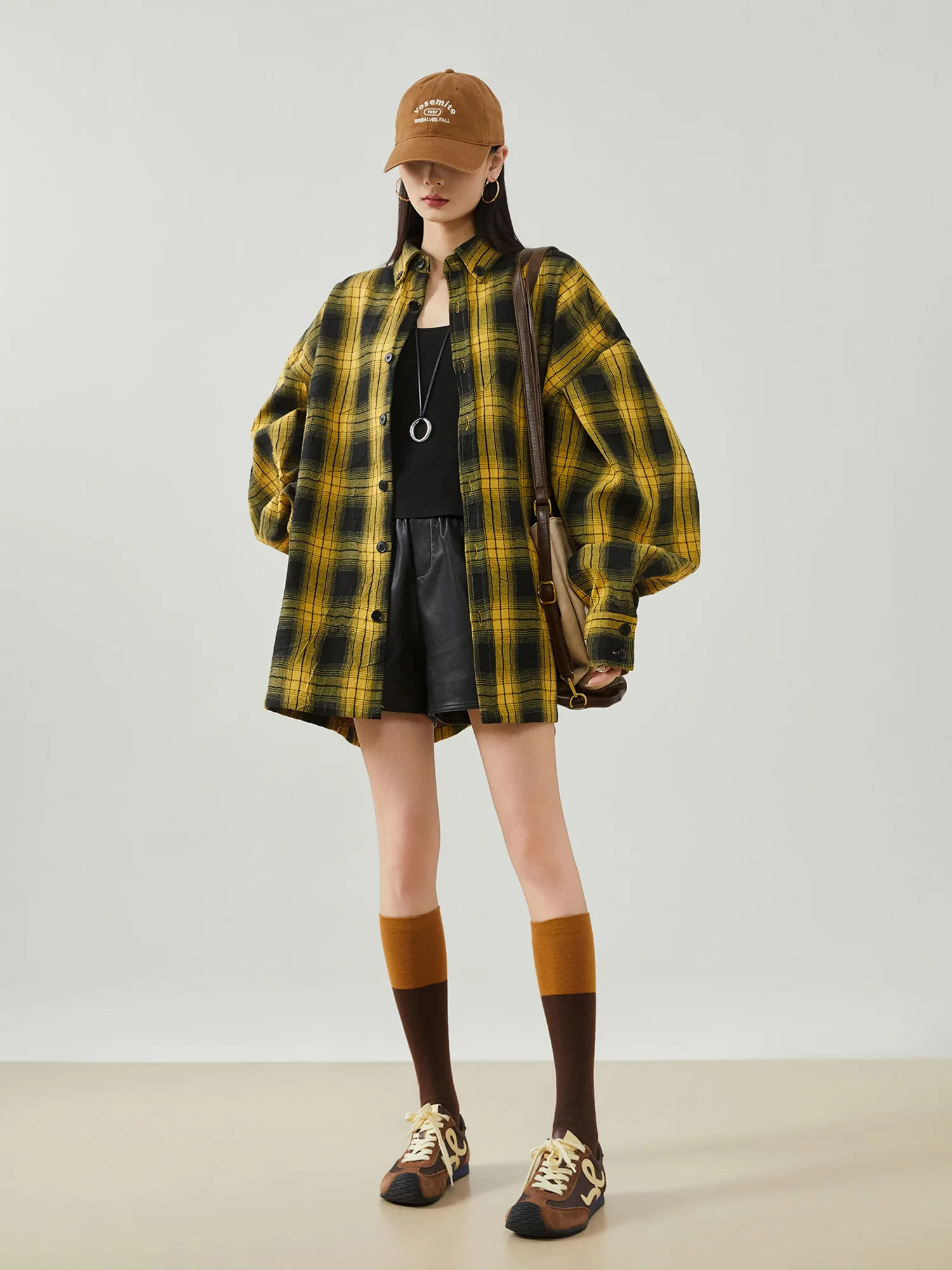 

Yellow Vintage Plaid Knife Sve irt Coat Women's Loose Long Sve irt Spring Summer New Sle Pleated Design Commute