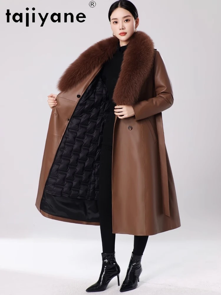 TAJIYANE جلد الغنم الحقيقي أوزة أسفل معطف المرأة طويلة ضئيلة سترات من الجلد الطبيعي مع الثعلب الفراء طوق 2025 ملابس امرأة douбlenка