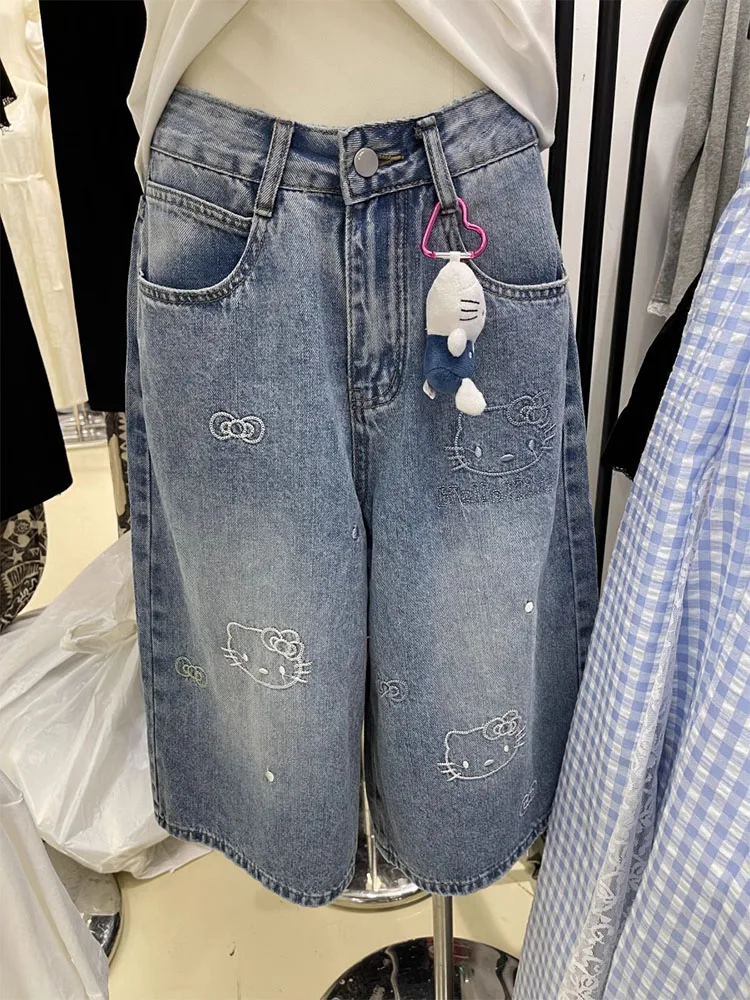 

Retro American Cartoon KT Wide Leg Jeans Women's Summer High Waist orts Cotton Polyester Blend Casual Loose Fit