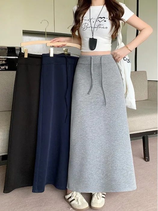 

plus Size Women's Lazy Style Casual Drapey Midi Skirt Summer New Slim High Waist Versatile A-Line Mid-Length Skirt