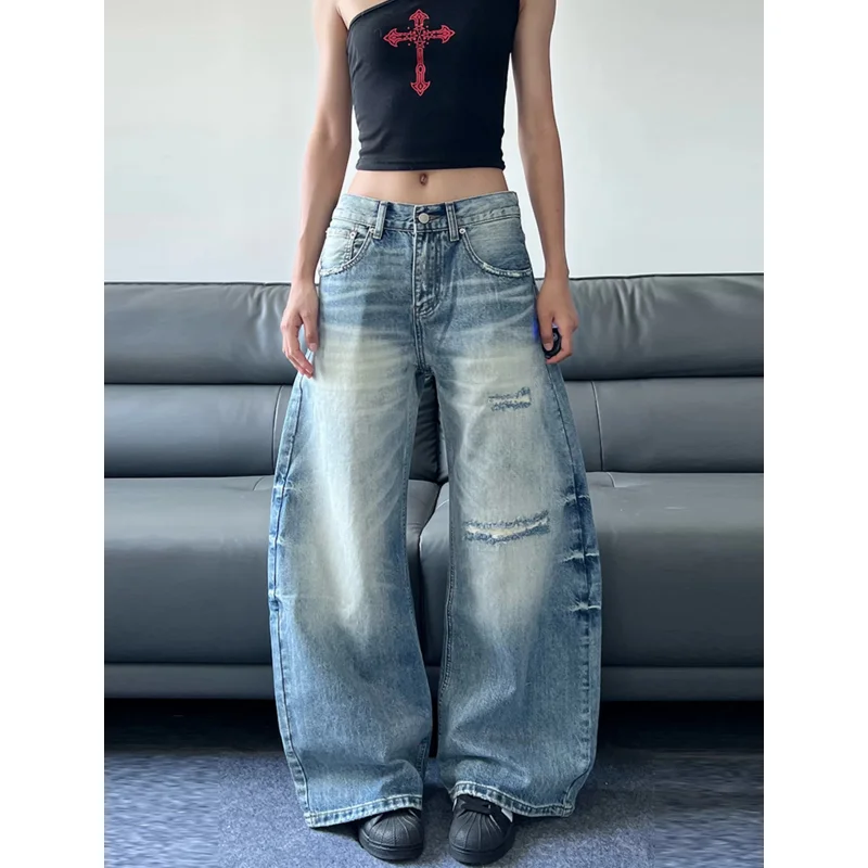 Women's American Retro Washed Distressed Knife Edge Jeans Summer 2026 New Design Loose Versatile Long Trousers