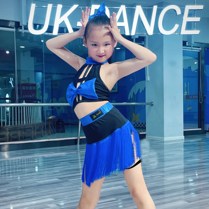 

Fashion Latin Dance Clothes For Girls Blue Bow Top Tassels Skirt Girls Latin Dance Performance Costume Kids Stage Wear SL10703