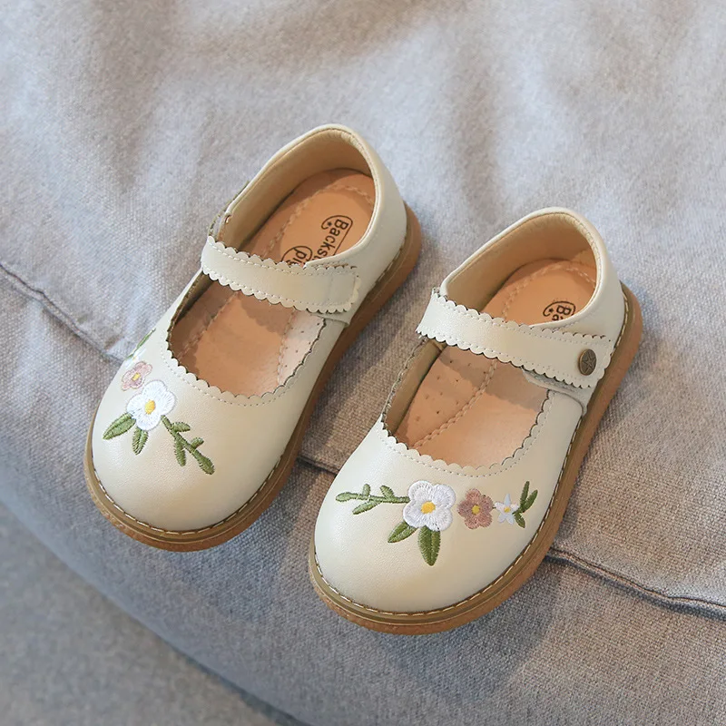 Children Leather Shoes Girls Genuine Leather Flower embroidery Shoes Soft Sole Non-slip Single Shoes Size 21-30