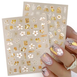 3D White Gold Flowers Leaves Nail Stickers Nail Art Supplies Abstract Line Art Stickers Nail Art Decals Nail Art Decoration