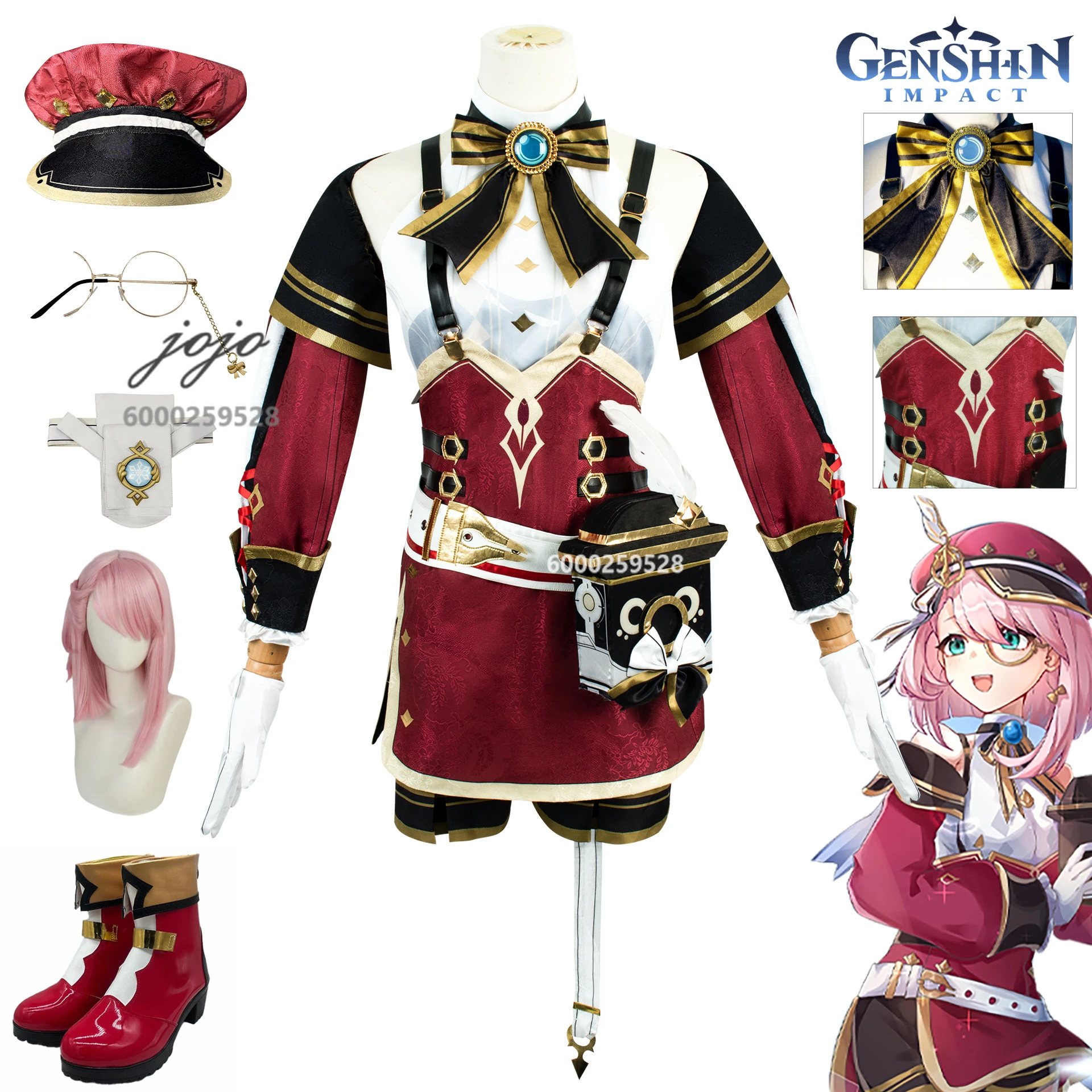 

Genshin Impact Charlotte Cosplay Costume for Women Adult Carnival Uniform Anime Clothes Wig Dress Halloween Party Comic Con Suit