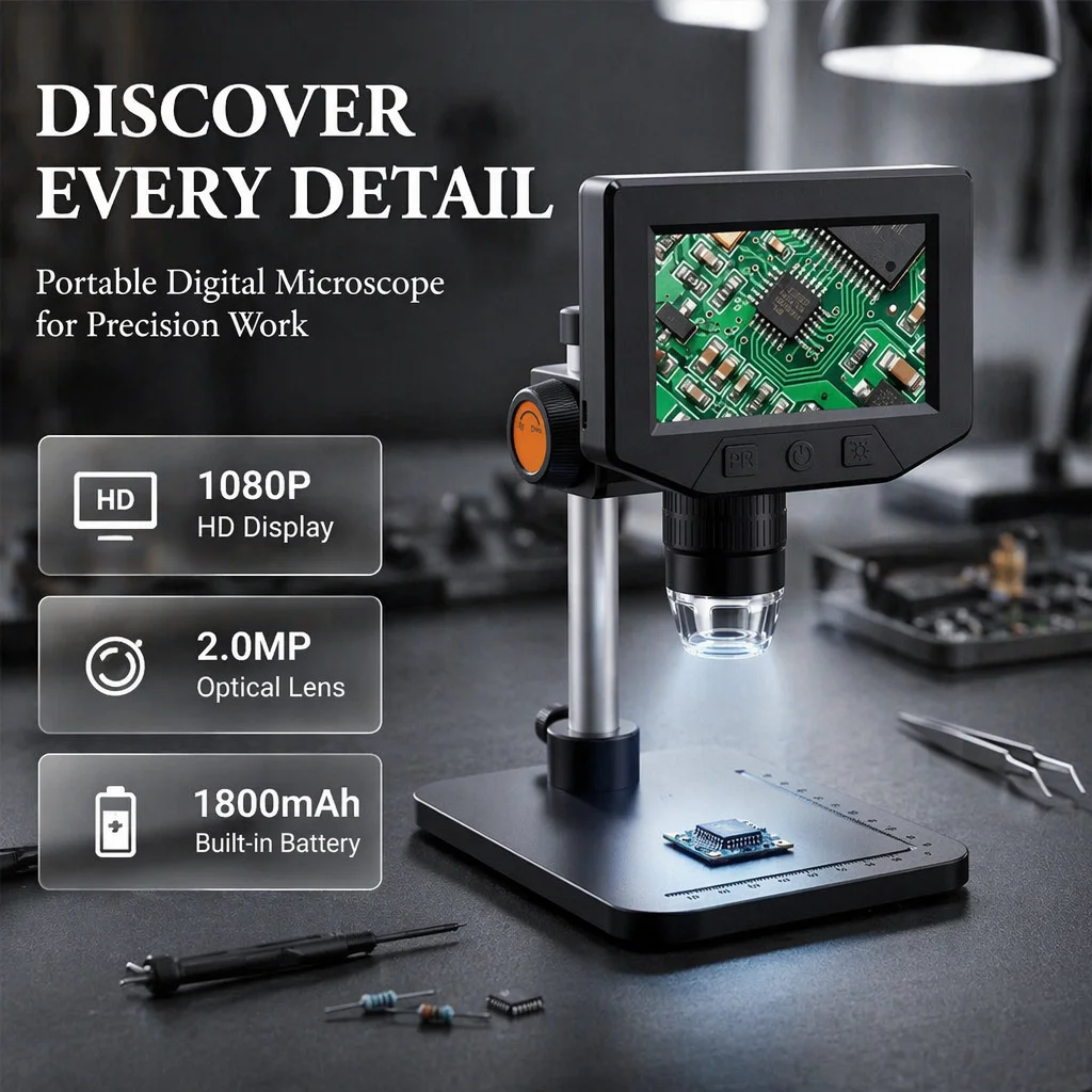 Microscope LCD 4,3 pouces avec zoom 1000X, loupe vidéo HD 1080P pour soudure, 8 lumières LED réglables, outil de réparation de circuits imprimés de téléphone