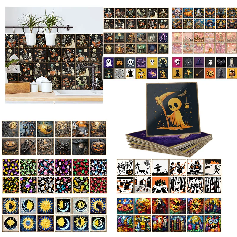 24PCS/Set Self Adhesive All Saints' Day Stamp Themed DIY Wall Tile Stickers For Kitchen Cupboard Bathroom Waterproof Wallpaper