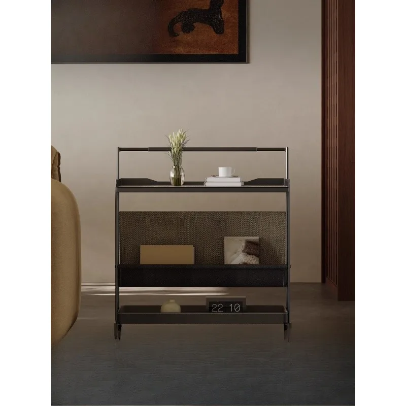 

Saddle leather sofa side few light luxury high-end sense movable trolley rack