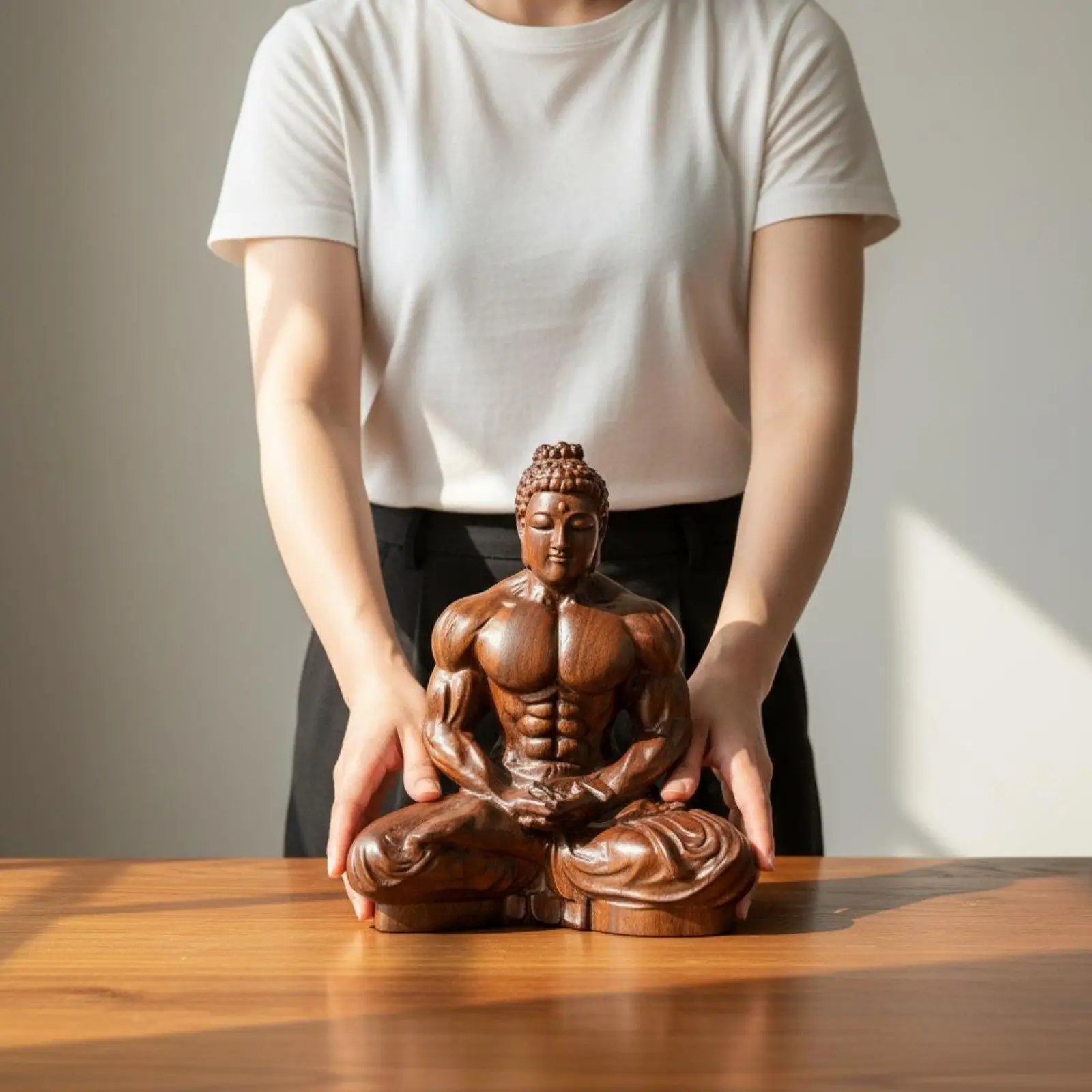 Ebony Buddha Wood Carving Contemporary Muscle Statue Art Sculpture for Car Dashboard Ornament and Shelf Display view 3