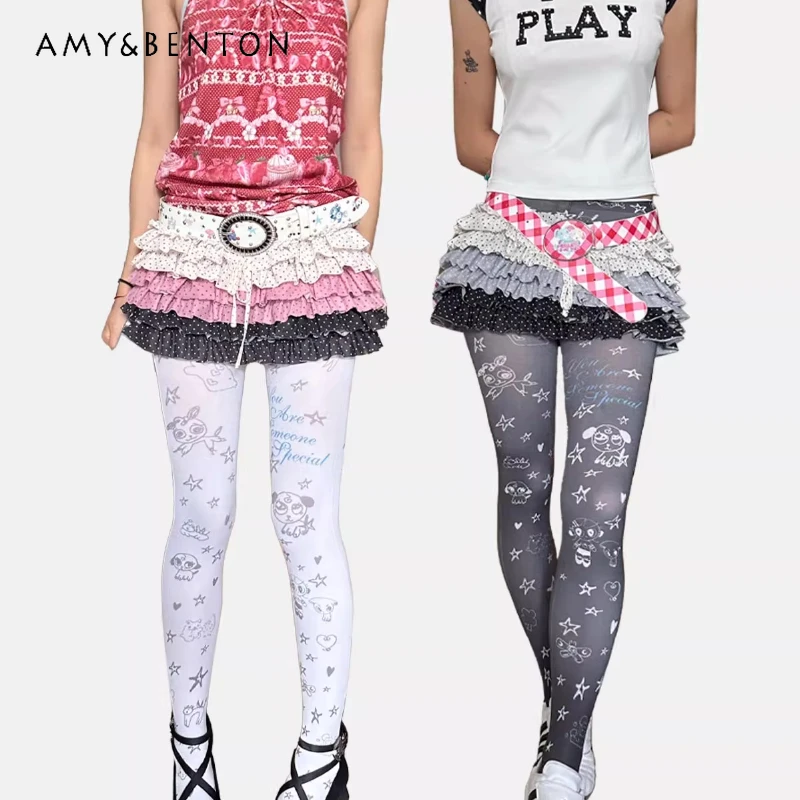 Japanese Original Design White Y2K Print Irregular Graffiti Full Print Women's Stockings Autumn New Cute Versatile Tights Ladies