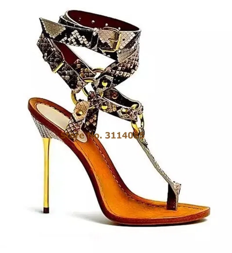 Women Sexy Gold Metal Heels Snakeskin Sandals Ring Buckle Stiletto Heels Dress Pumps Cross Strappy Gladiator Sandal Shoes