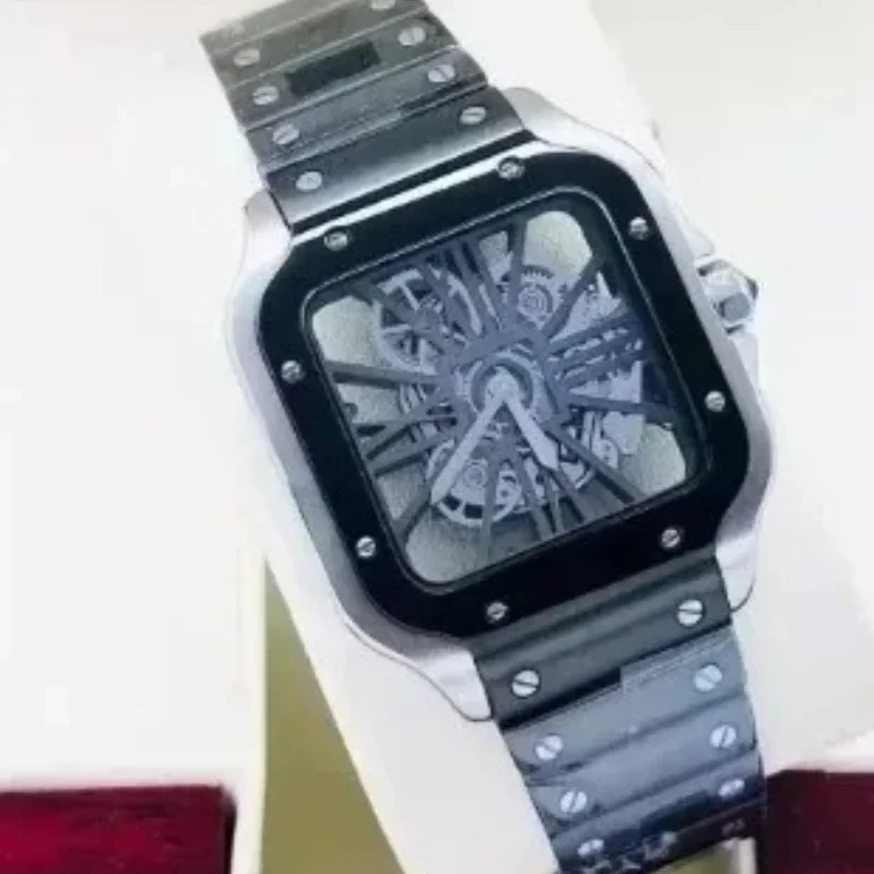 2025 ساعة كوارتز مجوفة جديدة للرجال من الفولاذ المقاوم للصدأ باللون الذهبي الوردي ساعة يد جلدية مربعة باللون الأصفر