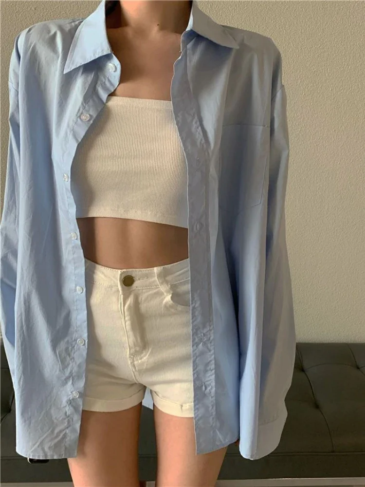 

Shirts for Women Casual Solid Turn-down Collar Long Sleeve Daily Korean Style Simple All-match Loose Trendy Ladies Spring Summer