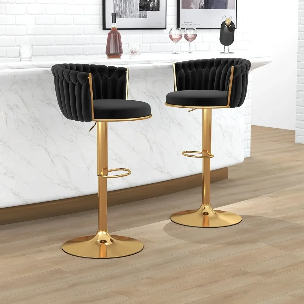 Bar Stool Set of 2 Velvet Swivel Barstools Height Adjustable Counter Stools with Woven Back Bar Stools