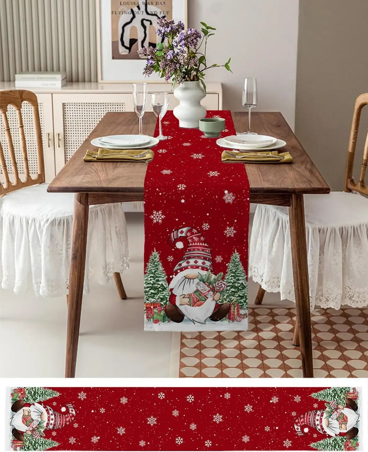 2026 Christmas Gnomes Linen Table Runner Dresser Scarves Winter Xmas Tree Snowflake Kitchen Dining Table Runner Christmas Decor