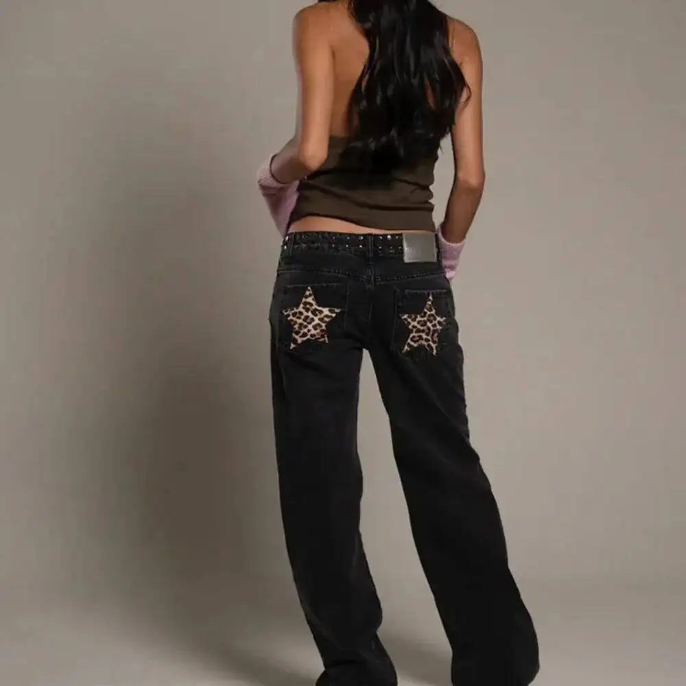 Vintage Five-Pointed Star Print High Waisted Jeans Woman Street Harajuku Baggy Jeans Women Clothing Casual Straight Denim Pants
