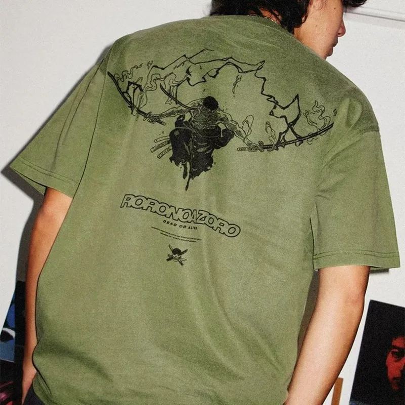 

Japanese Manga One Piece Zoro Drawn Sword Creative Short Sleeve T-shirt Washed and Distressed Pure Cotton Trendy Classic