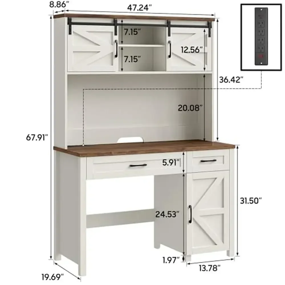 Farmhouse Executive Desk with Drawers Storage Cabinet Charging Hub and Hutch Home Office Workstation 47