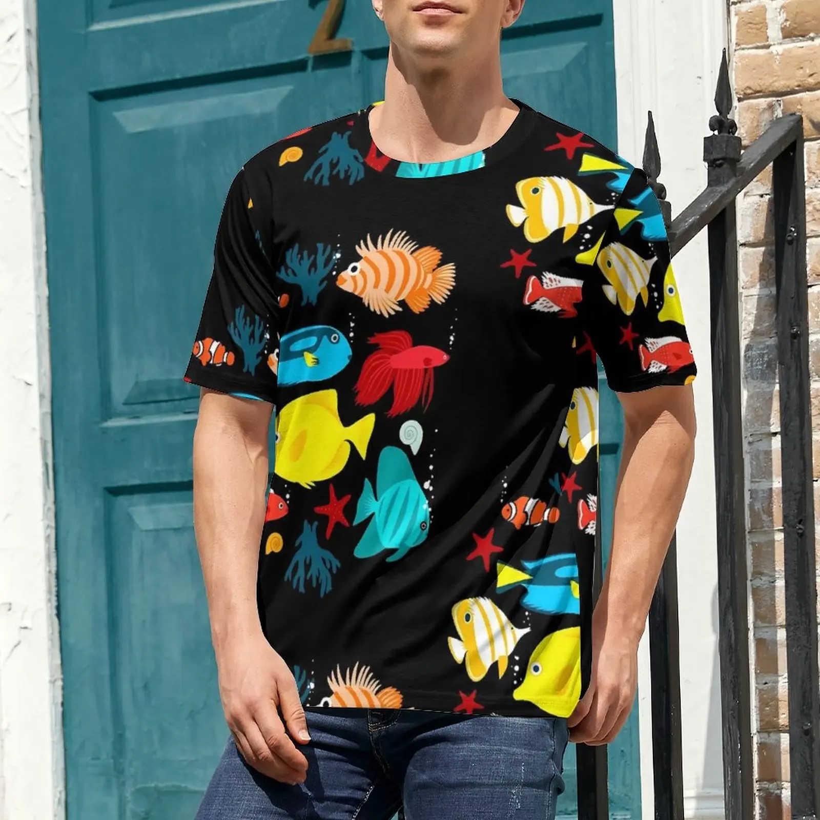 Tropical Marine T-Shirt For Mens Colorful Fishes O Neck T Shirts Summer Novelty Clothing Short Sleeve Casual Oversize Tee Shirt