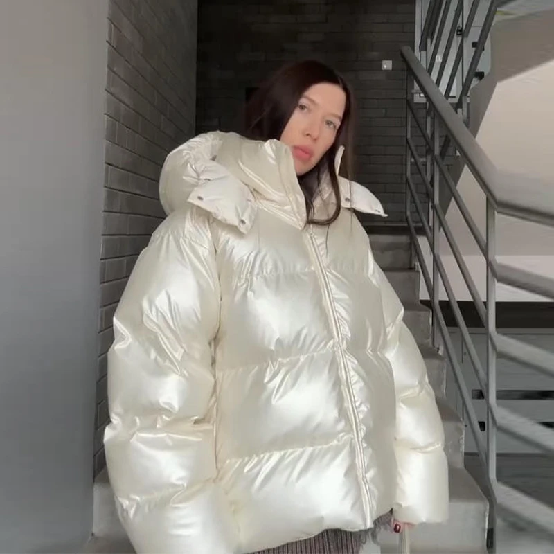 Casual Hooded Padded Jackets Women's Loose Full Sleeves Zipper Pockets Stand Collar Coats