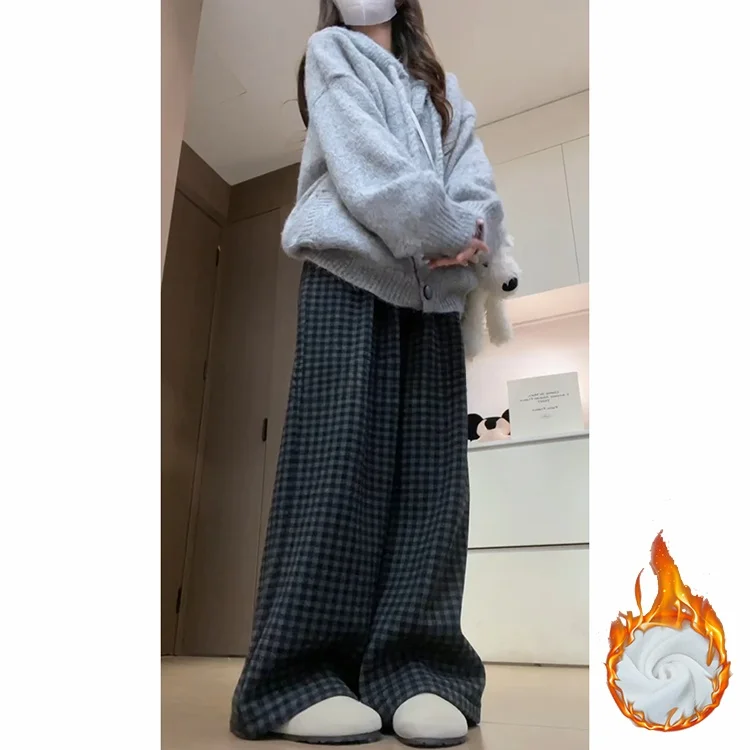 กางเกงขายาวลายสก็อตผ้าวูลสไตล์เกาหลีย้อนยุคสำหรับผู้หญิง ฤดูใบไม้ร่วง ฤดูหนาว ผ้าหนา อุ่น ทรงขากว้าง เอวสูง ยางยืด สวมใส่สบาย