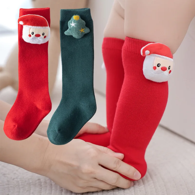 Baby Knee High Socks Fashion Cartoon Stretch Christmas Socks Autumn Winter Long Tube Xmas Cotton Socks Infant New Year Gifts